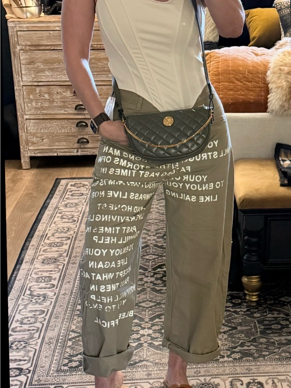 Olive tan khaki Wide-Leg Graphic Cargo Pants - Olive - Picture 3 of 9